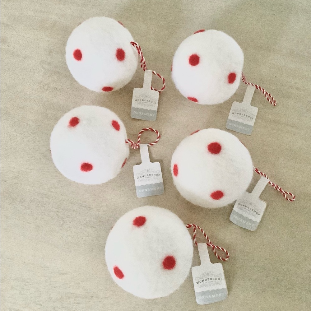 5 Wondershop White Felted Wool Ball Red Dot Ornaments
